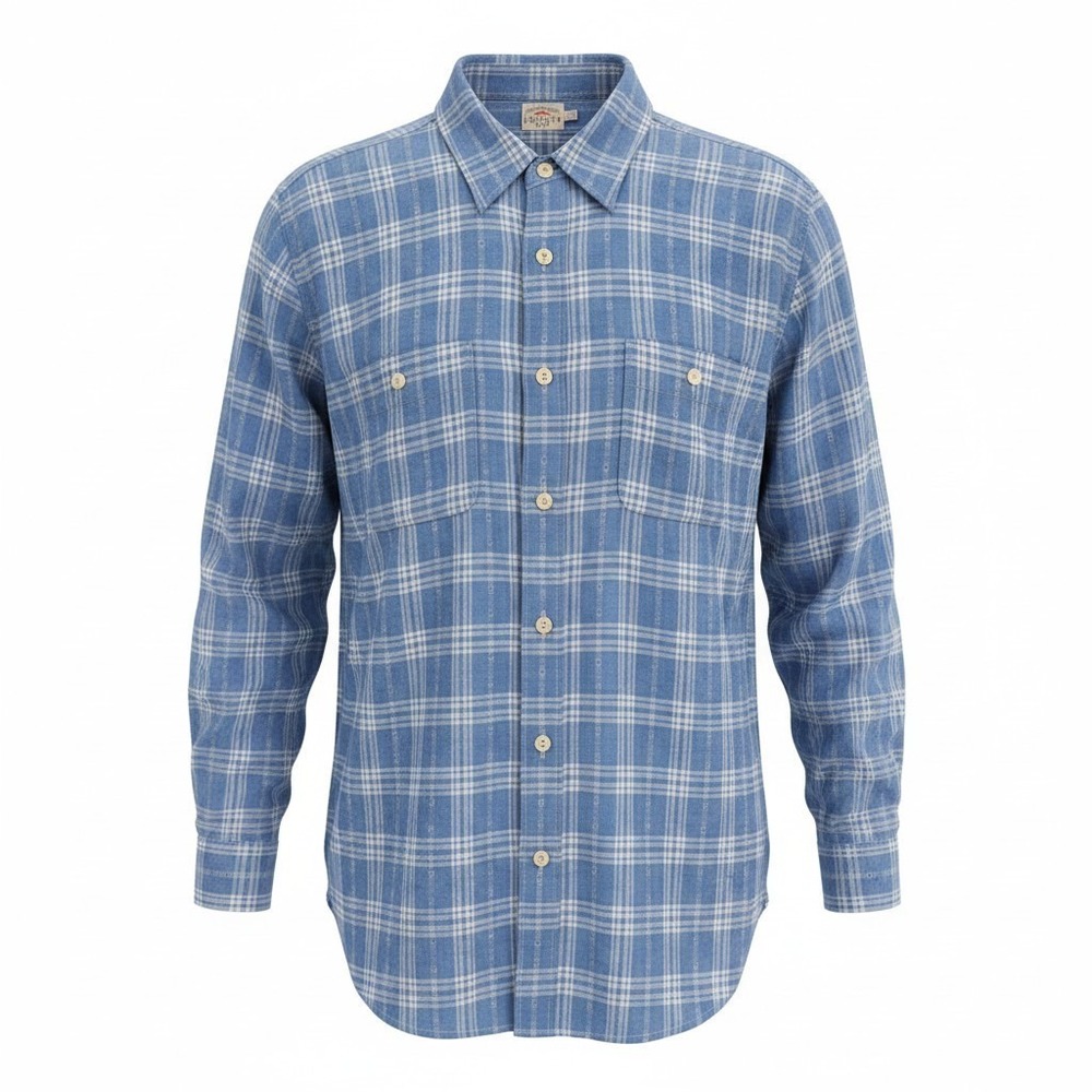 Faherty Shirt Mens XL Blue Indigo Dyed Plaid Cotton Button Up Casual 32" Sleeves
